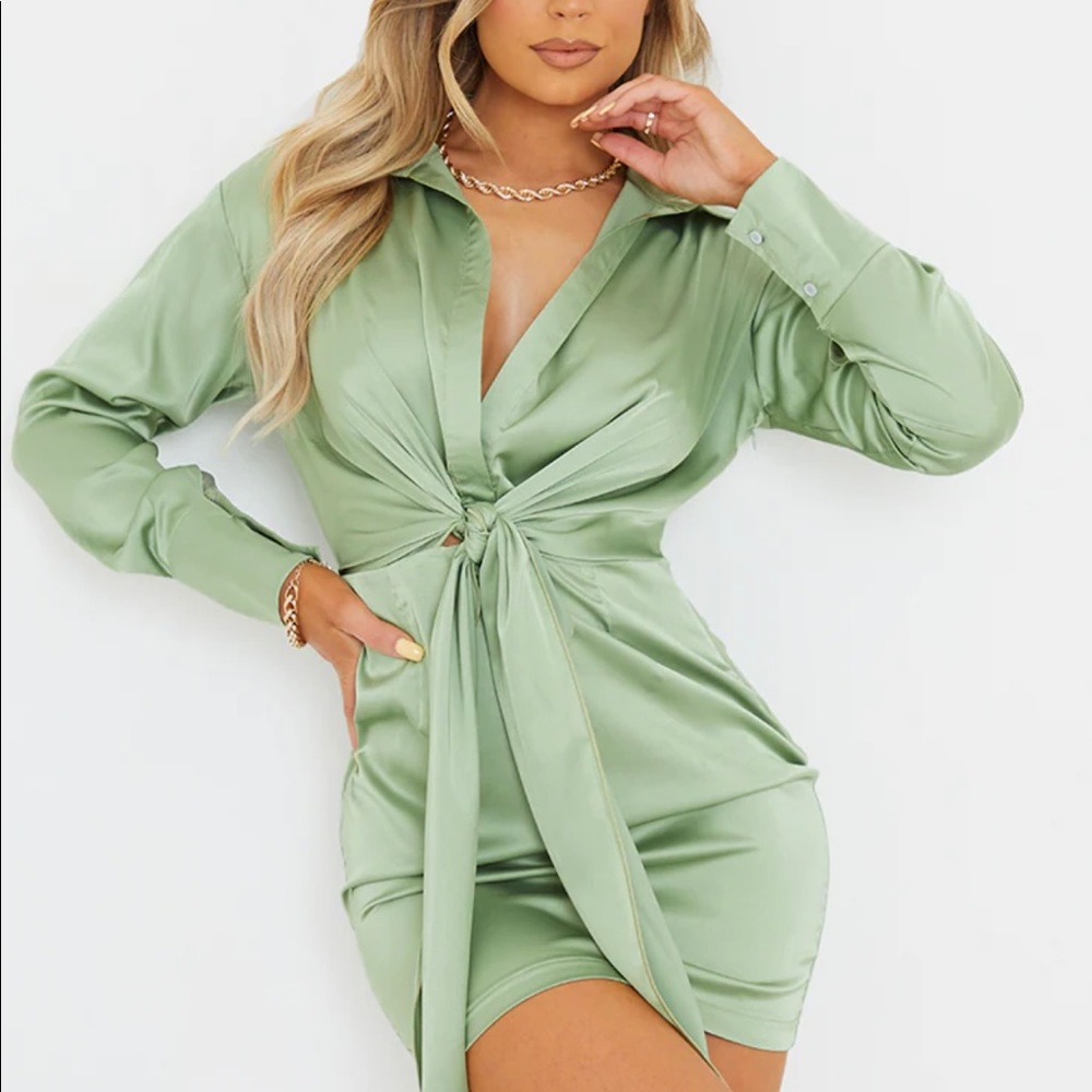 long sleeve sage green satin knot dress